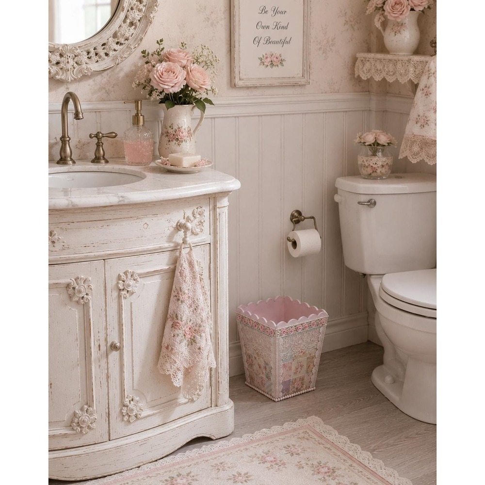 Rachel Ashwell Inspired Shabby Chic Rose Cottagecore Pink Patchwork Wastebasket - Picture 7 of 13